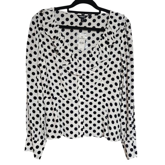 Express Womens Black White L Polka Dot Blouse Preppy Indie Patterncore Peplumcor - Picture 3 of 16